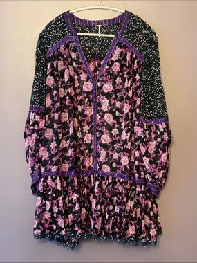 Free People Black, Purple & Pink Rosebud Floral Boho Tunic Dress Size M